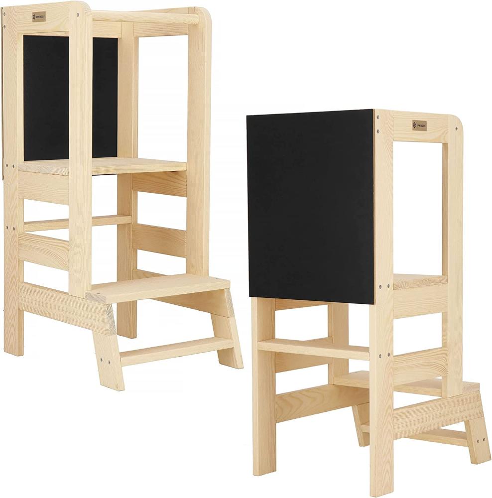 SPRINGOS Küchenhelfer mit Tafel für Montessori-Haus 90 cm Massivholz Treppenhochstuhl mit Plattform Lernturm Bild 1