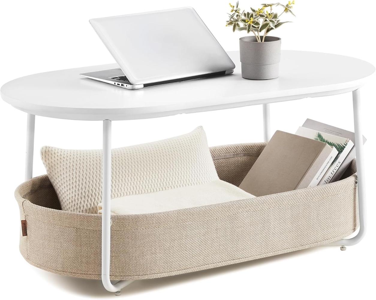 VASAGLE Couchtisch oval, Tisch mit Stauraum, Beistelltisch, Wohnzimmertisch mit Korb aus Stoff, modern, Metallrahmen, mattweiß-Kamelbraun LCT222W10 Bild 1