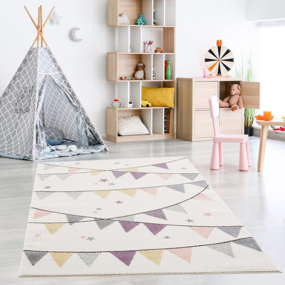 Teppich Kinderzimmer - Pastelfarben - Creme - 80x150 cm – Wimpel Girlande - Sterne Kurzflor Kinderteppich Spielteppich – Oeko-Tex Standard 100 Bild 1