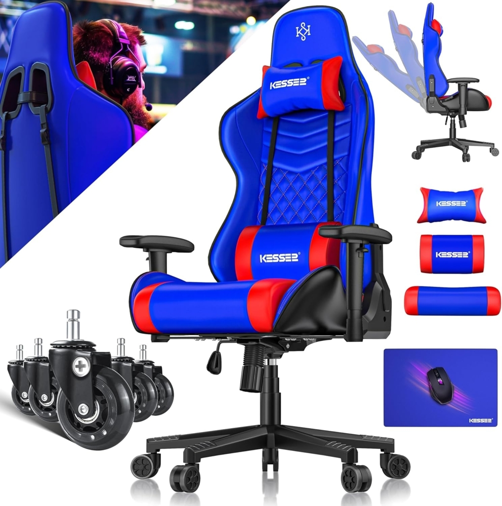 KESSER® Gamingstuhl mit Kopfstütze & Lendenkissen | Ergonomischer Gaming Sessel 150kg belastbar | Gamer Stuhl 360° Armlehne | Drehbarer Schreibtischstuhl Gaming Chair mit Mauspad + Gummi-Rollen Blau / Rot Bild 1