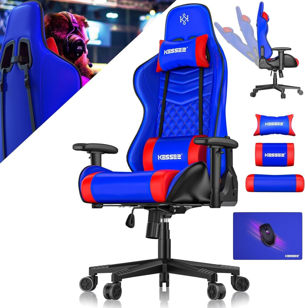 KESSER® Gamingstuhl mit Kopfstütze & Lendenkissen | Ergonomischer Gaming Sessel 150kg belastbar | Gamer Stuhl 360° Armlehne | Drehbarer Schreibtischstuhl Gaming Chair mit Mauspad + Gummi-Rollen Blau / Rot Bild 1