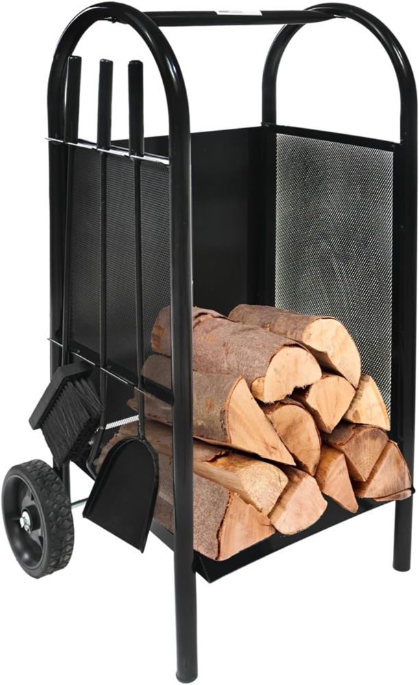 Kaminholzwagen mit Kaminbesteck 3-teilig Schaufel, Besen, Schürhaken, Kaminwagen Bild 1