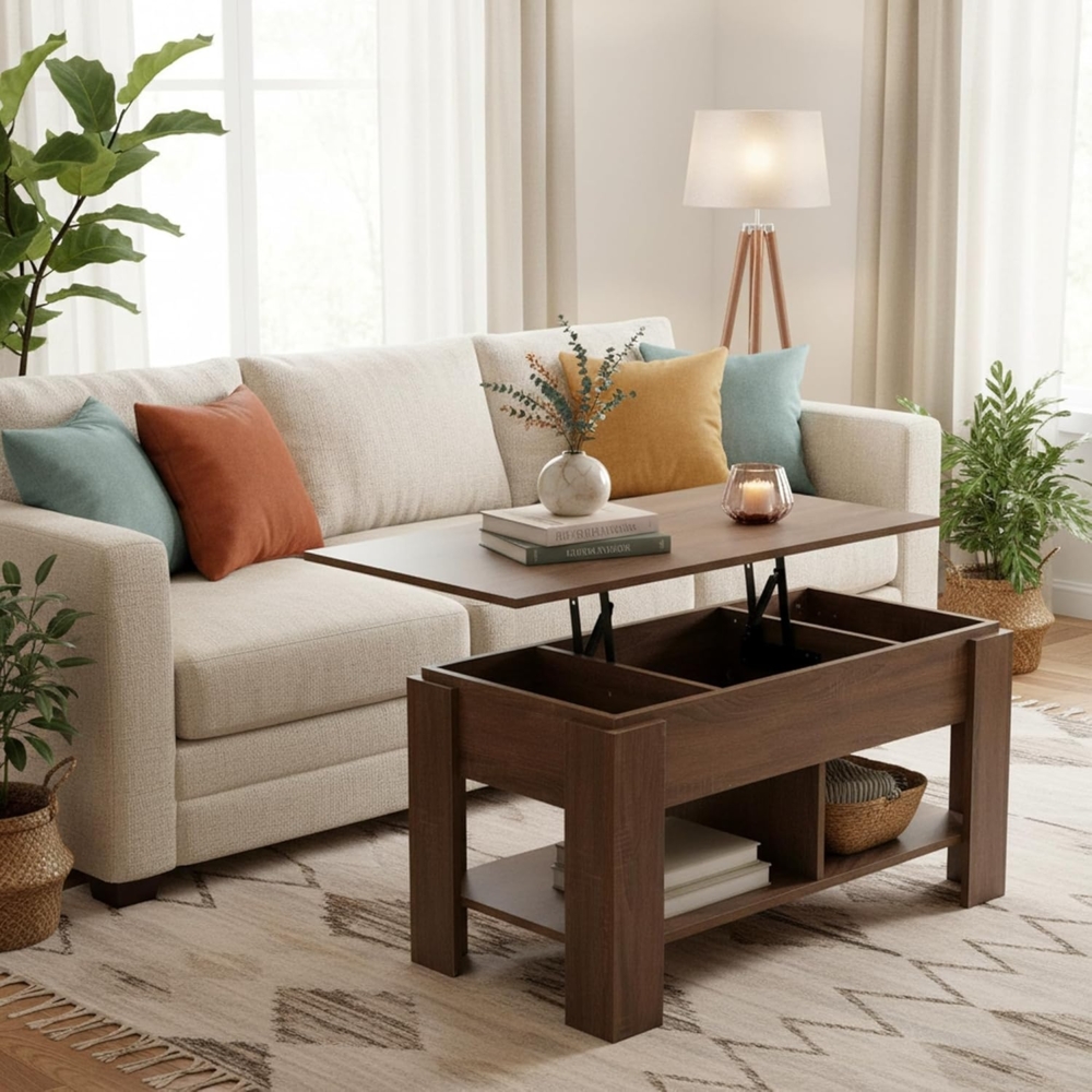 FurnitureR Couchtisch mit Hochklappbarer Tischplatte, Braun Wohnzimmertisch mit Verstecktem Stauraum und Ablagefächern, 96×50×48.5 cm, Höhenverstellbarer Loungetisch für Wohnzimmer & Büro Bild 1