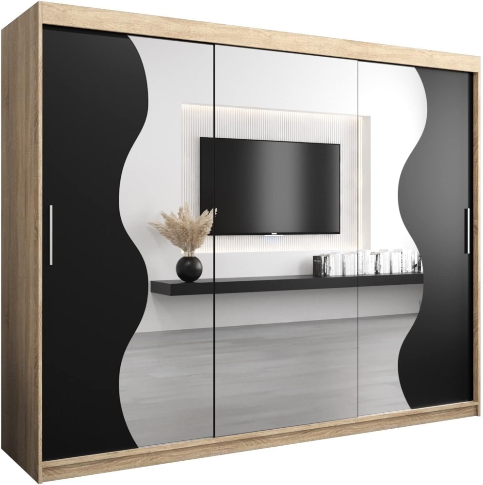 KRYSPOL Schwebetürenschrank Madryt 250 cm mit Spiegel Kleiderschrank mit Kleiderstange und Einlegeboden Schlafzimmer- Wohnzimmerschrank Schiebetüren Modern Design (Sonoma + Schwarz) Bild 1