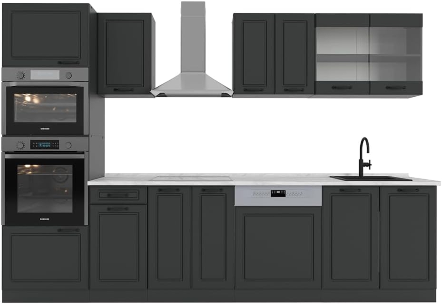 Küchenzeile R-Line Anthrazit Landhaus/Anthrazit 300 cm mit Hochschrank, AP Marmor Vicco Bild 1
