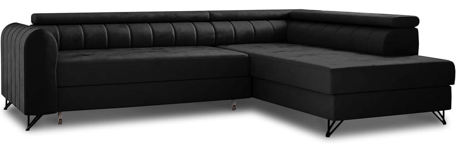 Ecksofa Alice mit Schlaffunktion und Bettkasten, Wohnlandschaft mit einstellbare Kopfstützen, Couch, Sofa, Bettsofa, Schlafsofa (Schwarz (Kronos 07), Ecksofa Rechts) Bild 1