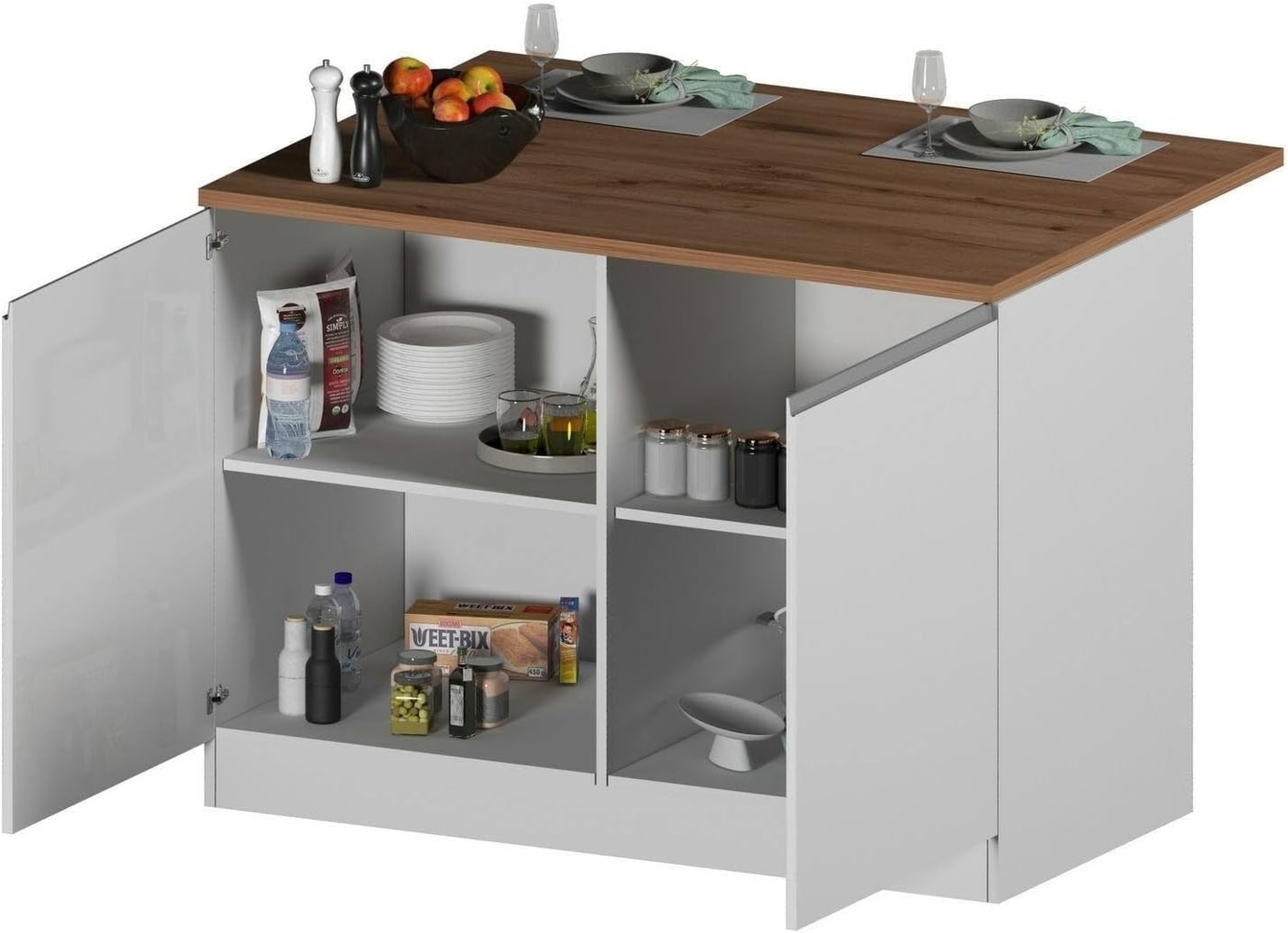 Dmora - Kücheninsel Emmanuel, Mehrzweckschrank, Küchenzeile Schrank, Zusätzlicher Tisch, 100% Made in Italy, 125 x 90 x 90 cm, glänzendes Weiß und Eiche Bild 1