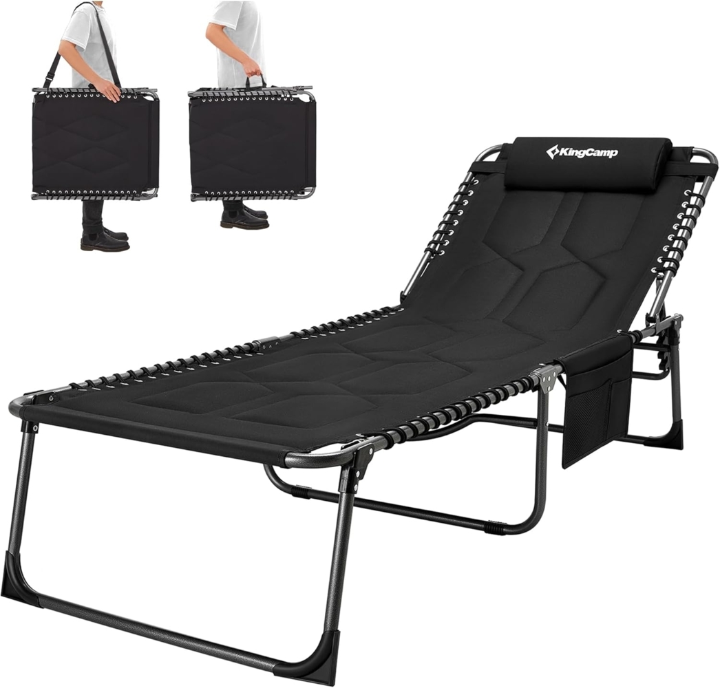KingCamp Übergroße Sonnenliege Klappbar 5-Fach Verstellbar Gartenliege Liegestuhl Dreibeinliege Liege Campingliege mit Kopfkissen und Seitentasche bis 150 kg für Garten Urlaub Strand Pool 200x68 cm Bild 1