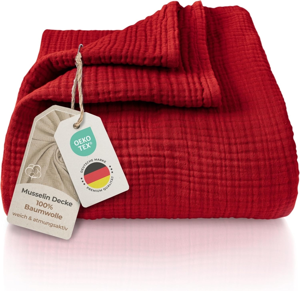 LAYNENBURG Premium Musselin Tagesdecke 180x220 cm - 100% Baumwolle - extraweiche Baumwolldecke als Kuscheldecke, Bett-Überwurf, Sofa-Überwurf, Couch-Überwurf - warme Sofa-Decke (Bordeaux) Bild 1