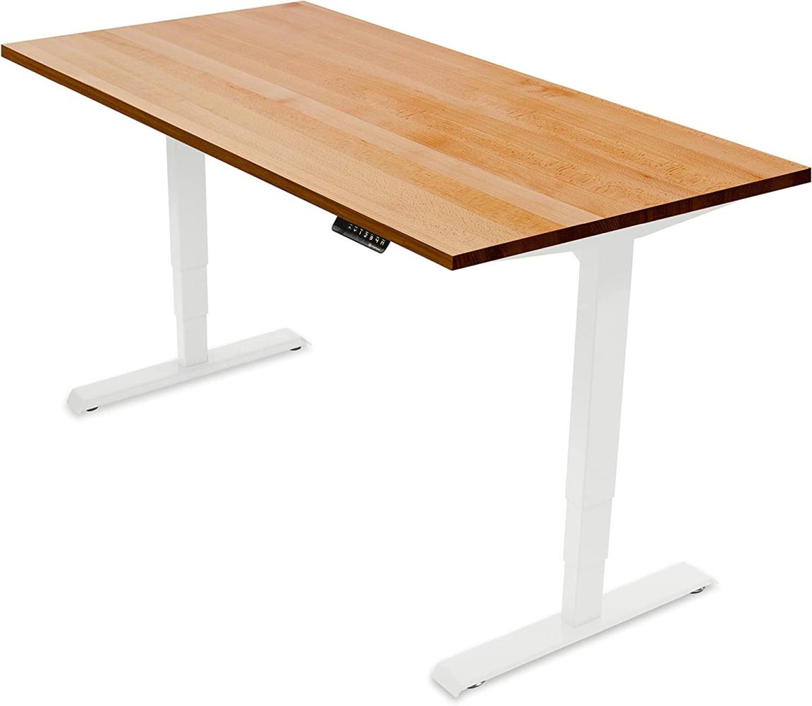 Ergotopia® Elektrisch höhenverstellbarer Schreibtisch | 5 Jahre Garantie | Ergonomischer Steh-Sitz Tisch + Memory Funktion | Weniger Schmerzen (120x80, Buche Echtholz, Weiß) Bild 1