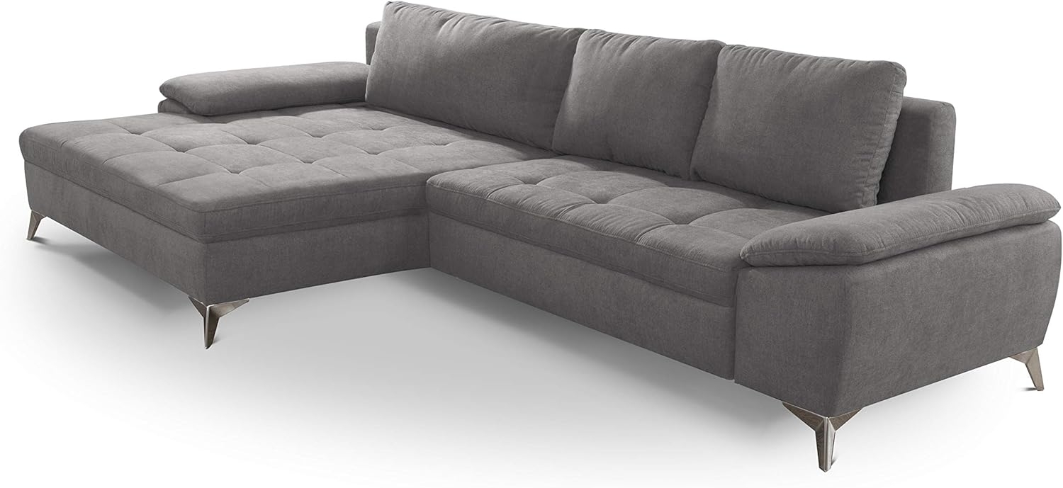 CAVADORE Schlafsofa Lina Ecksofa mit Schlaffunktion, Bettkasten, XL-Longchair und Steppung im Sitz / 290 x 85 x 163 / Flachgewebe: Hellgrau Bild 1