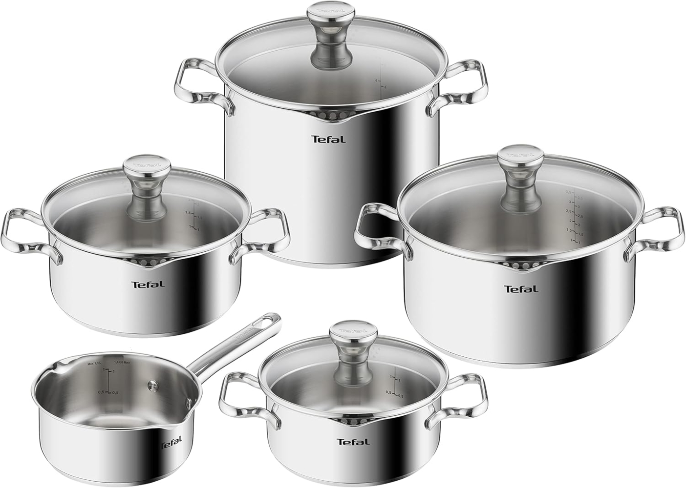 Tefal Duetto Topfset Induktion 9-teilig, robuster und hochwertiger Edelstahl, Induktions Töpfe Set mit Siebdeckel, backofengeeignet bis zu 260°C (ohne Deckel), für alle Herdarten geeignet, A705S9 Bild 1