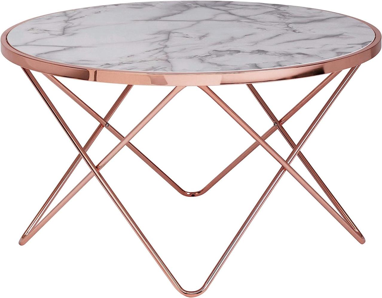 FineBuy Design Couchtisch, Marmoroptik Weiß/Metall Kupfer, Ø 85cm Bild 1