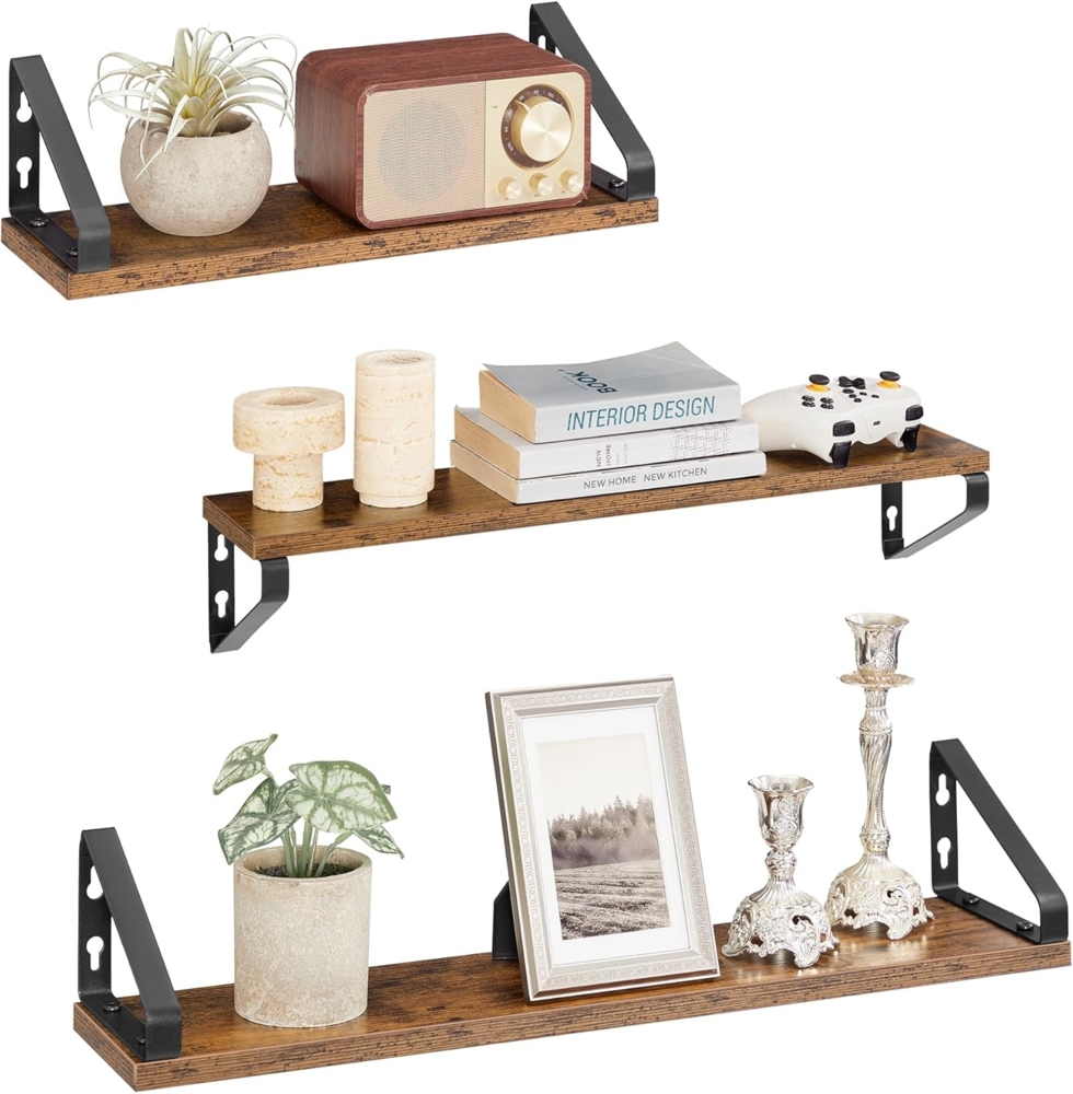 VASAGLE Wandregal, Schweberegal, 3er Set, Regalbrett, 2 Montagemöglichkeiten, 40/50/60 cm, für Wohnzimmer, Küche, Arbeitszimmer, Badezimmer, vintagebraun-Mattschwarz LWS043K01 Bild 1