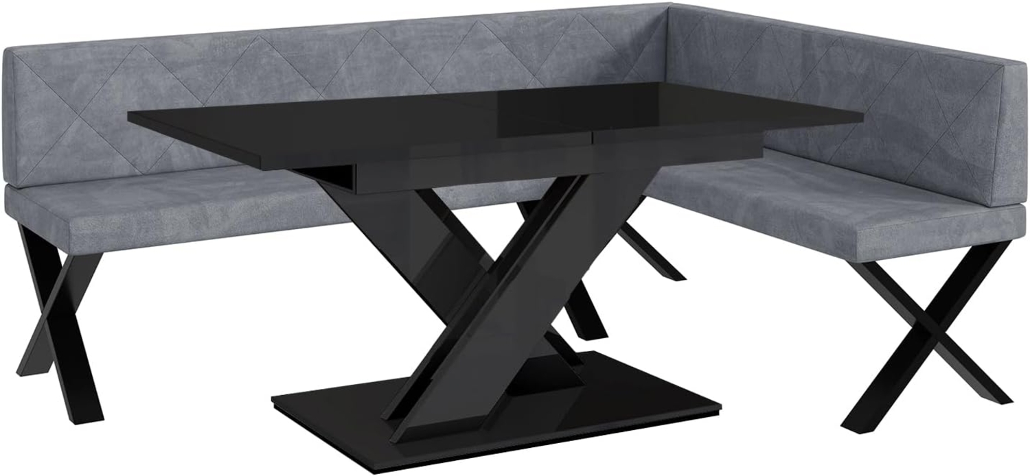 MEBLINI Eckbank für Esszimmer mit ausziehbarem Tisch - Küchenbank - Essecke - Sitzecke Küche - ERIC - X-Beine 142 x 196 x 87 cm Rechts - Grau Samt/B Schwarz Hochgl. Bild 1