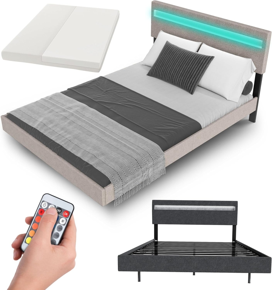Juskys Schwebebett Lissabon 140 x 200 cm - Bett mit Matratze, Schwebendes Design & LED-Beleuchtung, Leinen, Höhenverstellbare Rückenlehne - beige Bild 1
