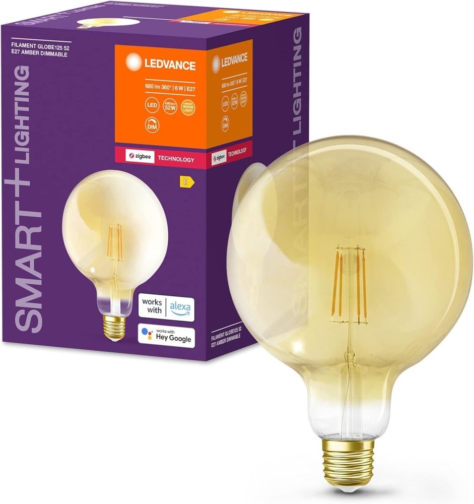 LEDVANCE Smarte LED-Lampe mit ZigBee-Technologie für E27-Sockel, goldenes Glas ,Warmweiß (2400K), 680 Lumen, Ersatz für herkömmliche 52W-Leuchtmittel, smart dimmbar, 4-er Pack Bild 1