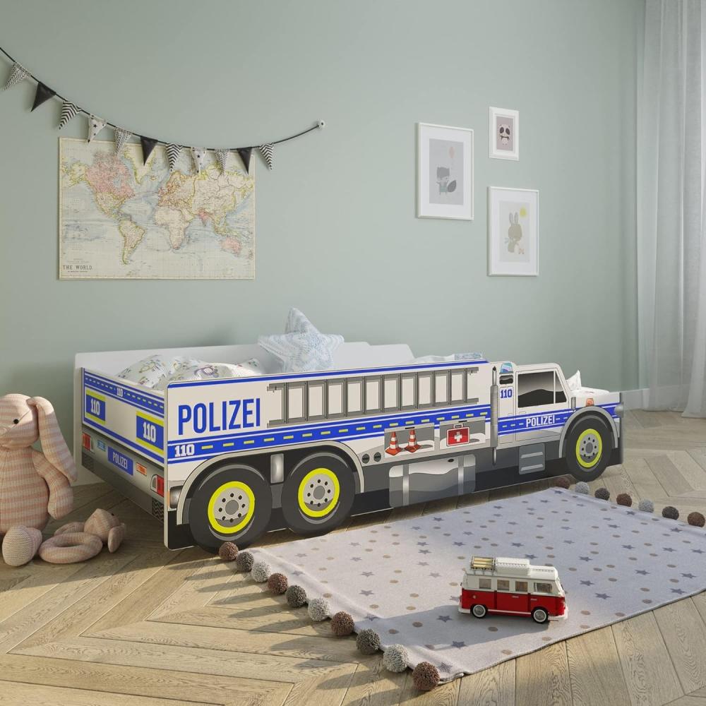 Kids Collective Autobett Kinderbett Jugendbett 80x160, Polizei mit Rausfallschutz Polizeiauto, mit Lattenrost, 160 x 80 cm, mit Matratze, Polizist Spielbett Bild 1