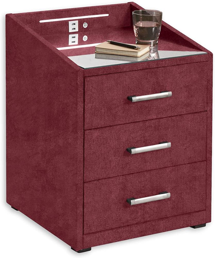 MOON Nachttisch Boxspringbett, Salvador Burgund - Funktionaler Nachtschrank mit USB-Anschluss und LED-Beleuchtung - 47 x 61 x 46 cm (B/H/T) Bild 1