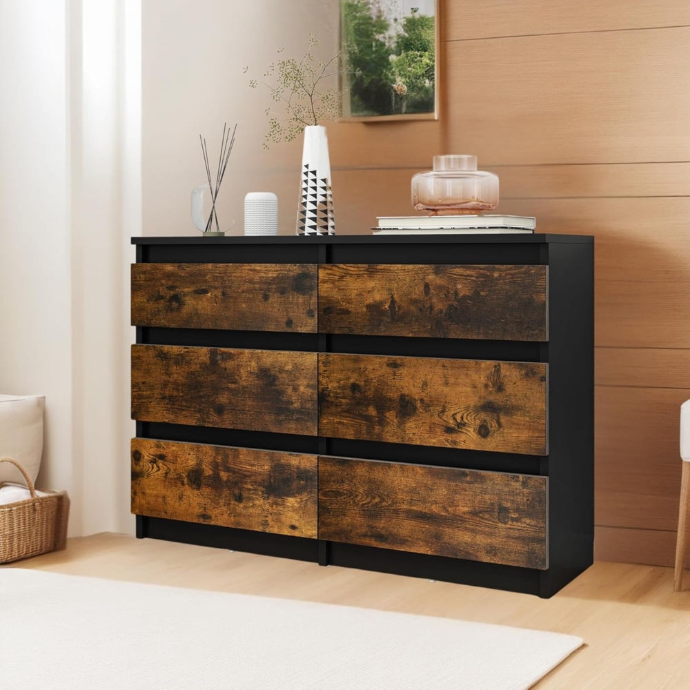 YITAHOME Kommode, 6 Schubladen Schlafzimmerschrank, modernes Möbel 100 x 30 x 70 cm, stabil & sicher, aus Holz, mit Laufschienen, Schwarz Rustikal Braun Bild 1