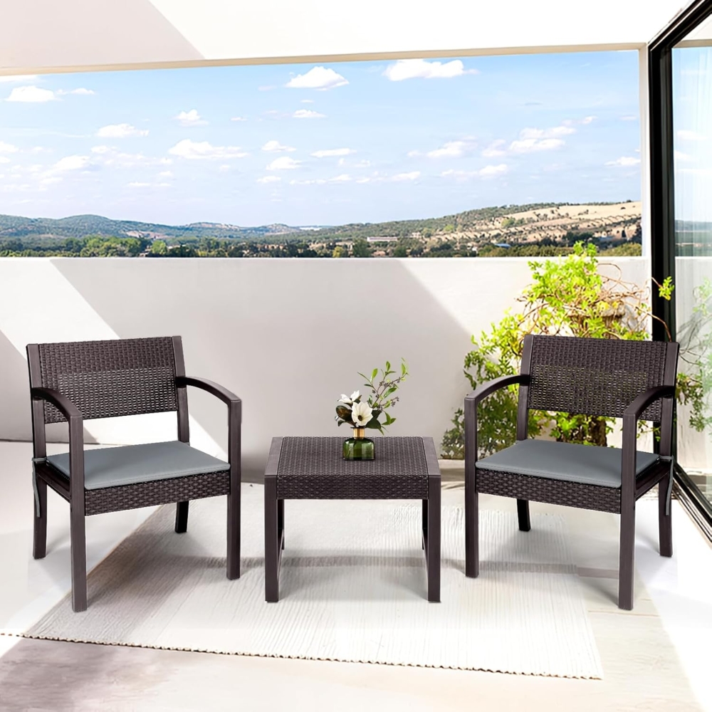 Sekey Balkonmöbel Set, 3 Teilig Gartenmöbel-Set aus PE-Polyrattan Wetterfest, Tisch und 2 Stühle mit Sitzkissen, Sitzgruppe Lounge Set, Terrassenmöbel für Terrasse, Balkon, Garten, Braun-Grau Bild 1