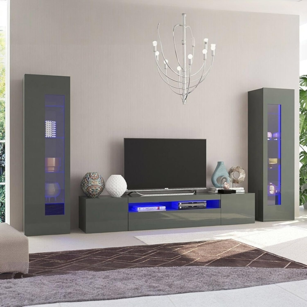 Dmora Modulares Wohnzimmer-Wandsystem, Made in Italy, TV-Ständer und Wohnwände, Modernes Wohnzimmer-Set, 300x40h162 cm, Farbe Anthrazit glänzend Bild 1