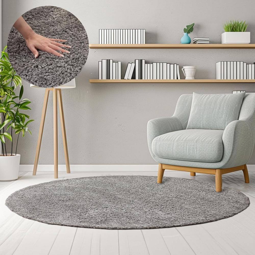 HomebyHome Shaggy Hochflor Teppich Wohnzimmer 160 cm Rund Hellgrau - Teppich Flauschig, Modern, Plüsch und Extra Weich - Ideal für Schlafzimmer, Esszimmer und als Küchenteppich Bild 1