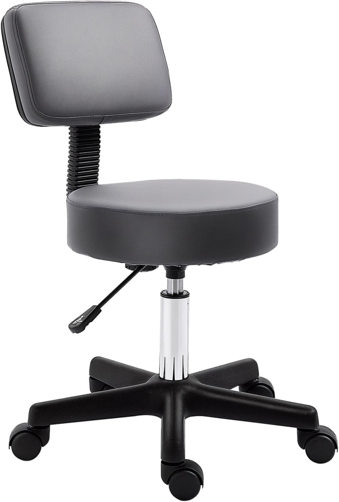 HOMCOM Rollhocker Höhenverstellbarer Arbeitshocker mit Lehne, Drehbarer Salon Hocker für Massage Büro Kunstleder Grau Ø35x72-84 cm Bild 1