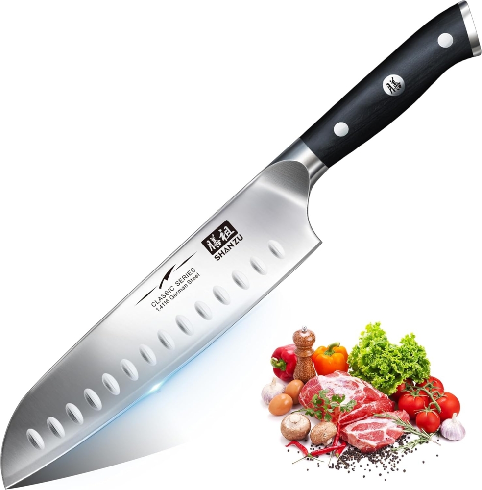 Kochmesser Küchenmesser, SHAN ZU Chefmesser Santoku Deutscher Carbon Edelstahl Scharfe Messerklinge 18cm Ergonomischer Griff Geschenkbox Bild 1