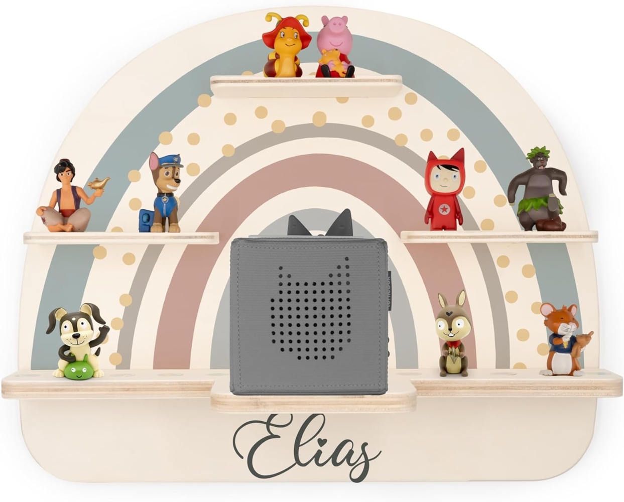 KIDSMOOD - Personalisiertes Tonie Regal für Kinderzimmer | Regenbogen Wand-Regal mit genügend Platz für Tonie-Hör-Figuren, Aussparung für Tonie-Musikbox & Kabelmanagement, Tonie Regal Mädchen & Jungen Bild 1