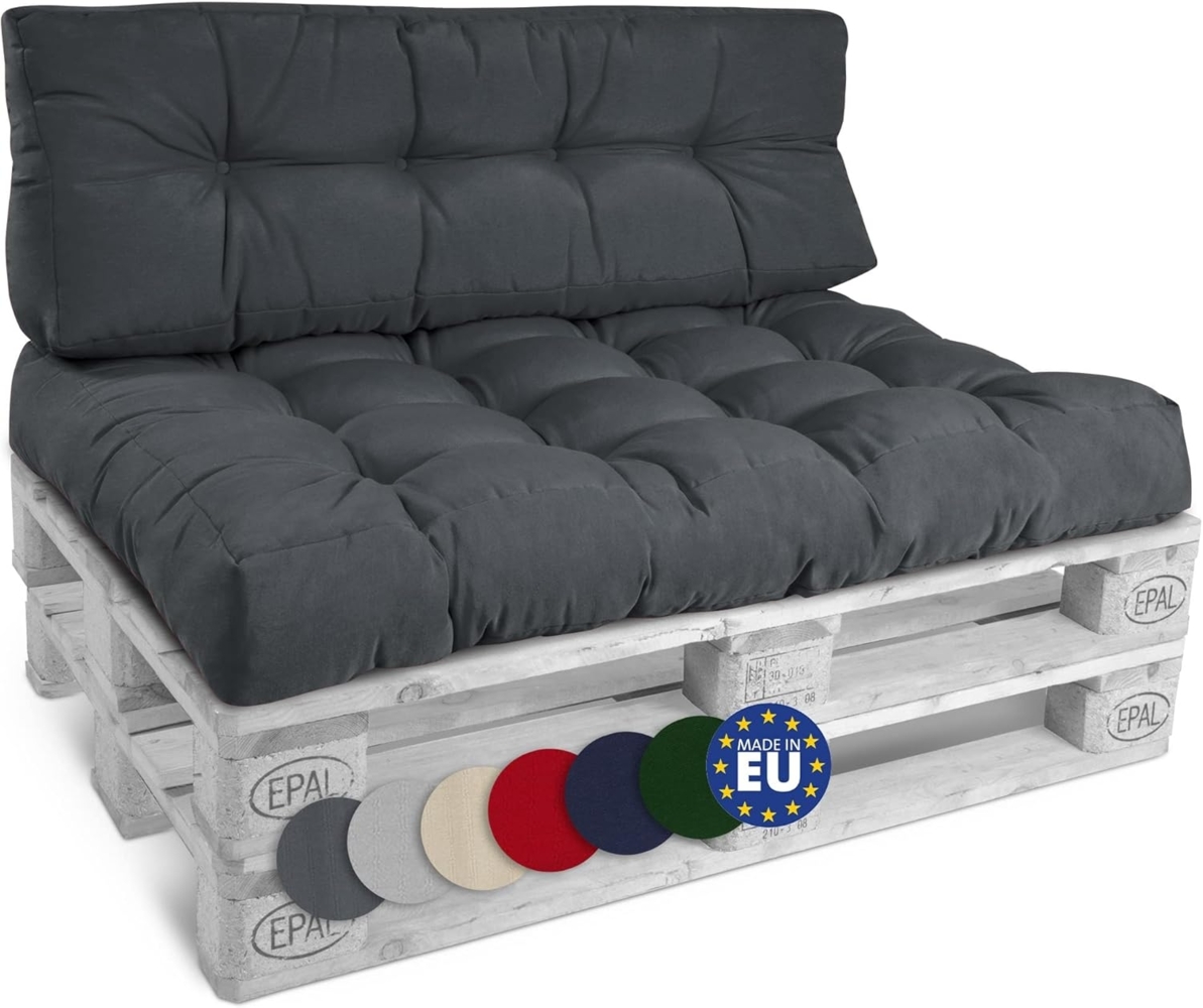 Beautissu Palettenkissen Set Style – 1x Sitzkissen 120x80 cm & 1x Rückenkissen 120x40 cm Gepolsterte Europaletten Indoor & Outdoor Auflage Palettenmöbel Lounge Kissen Outdoor Set - Graphitgrau Bild 1