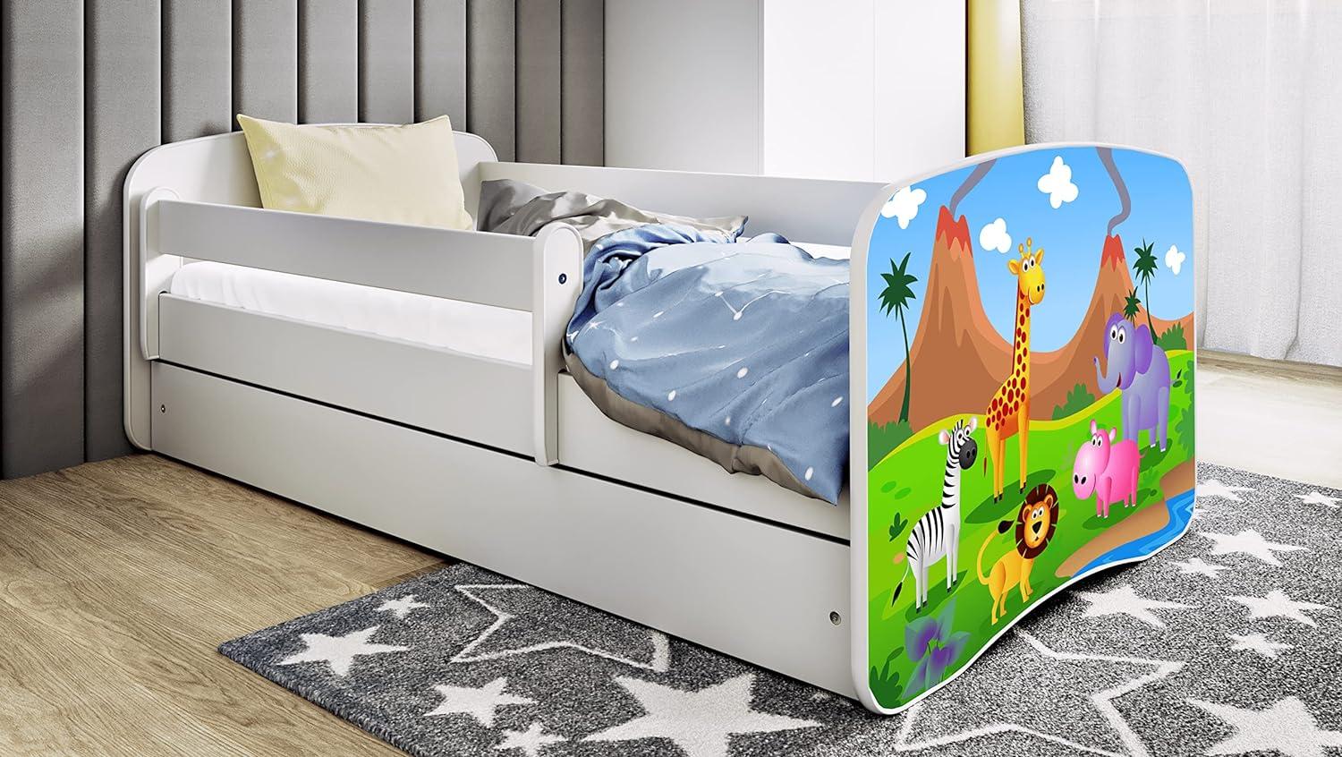 Kinderbett Jugendbett Weiß mit Rausfallschutz Schublade und Lattenrost Kinderbetten für Mädchen und Junge - Safari 70x140 cm Bild 1