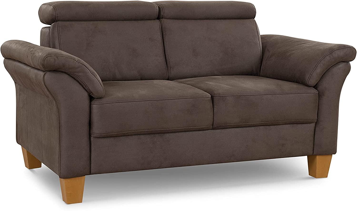 Cavadore 2-Sitzer-Sofa Ammerland / 2er-Couch im Landhausstil mit Federkern + verstellbaren Kopfstützen / 156 x 84 x 93 / Wildlederoptik, Braun Bild 1