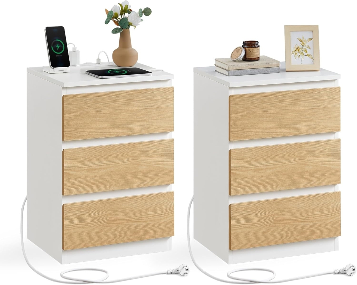 VASAGLE Nachttisch mit Steckdosenleiste, 2er Set, Beistelltisch, 3 Schubladen, 2 AC-Steckdosen, 2 USB-A-Anschlüsse, Wohnzimmer, Schlafzimmer, Arbeitszimmer, modern, wolkenweiß-mandelgelb LET831Y01 Bild 1
