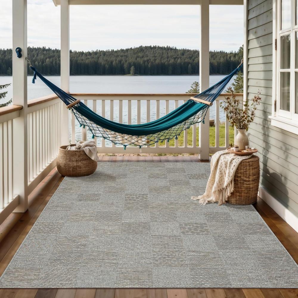 the carpet Calgary - robuster Outdoor Teppich, Flachgewebe, modernes Design, ideal für Küche und Esszimmer, Vintage-Optik, Boho-Style, auch für den Außenbereich, Grau-Beige, 120 x 160 cm Bild 1