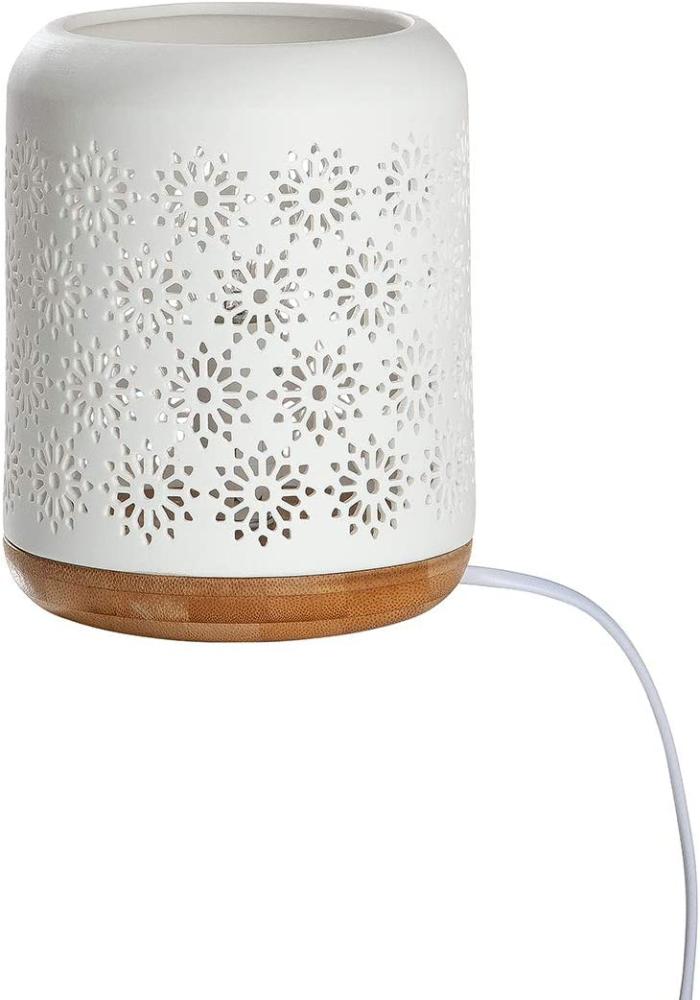 Gilde Lampe Zylinder "Blume" weiß, mit Sockel in Holzoptik Fassung E14, max. 40 Watt, 220-240 Volt H: 17.50 cm Ø 13 cm 32267 Bild 1