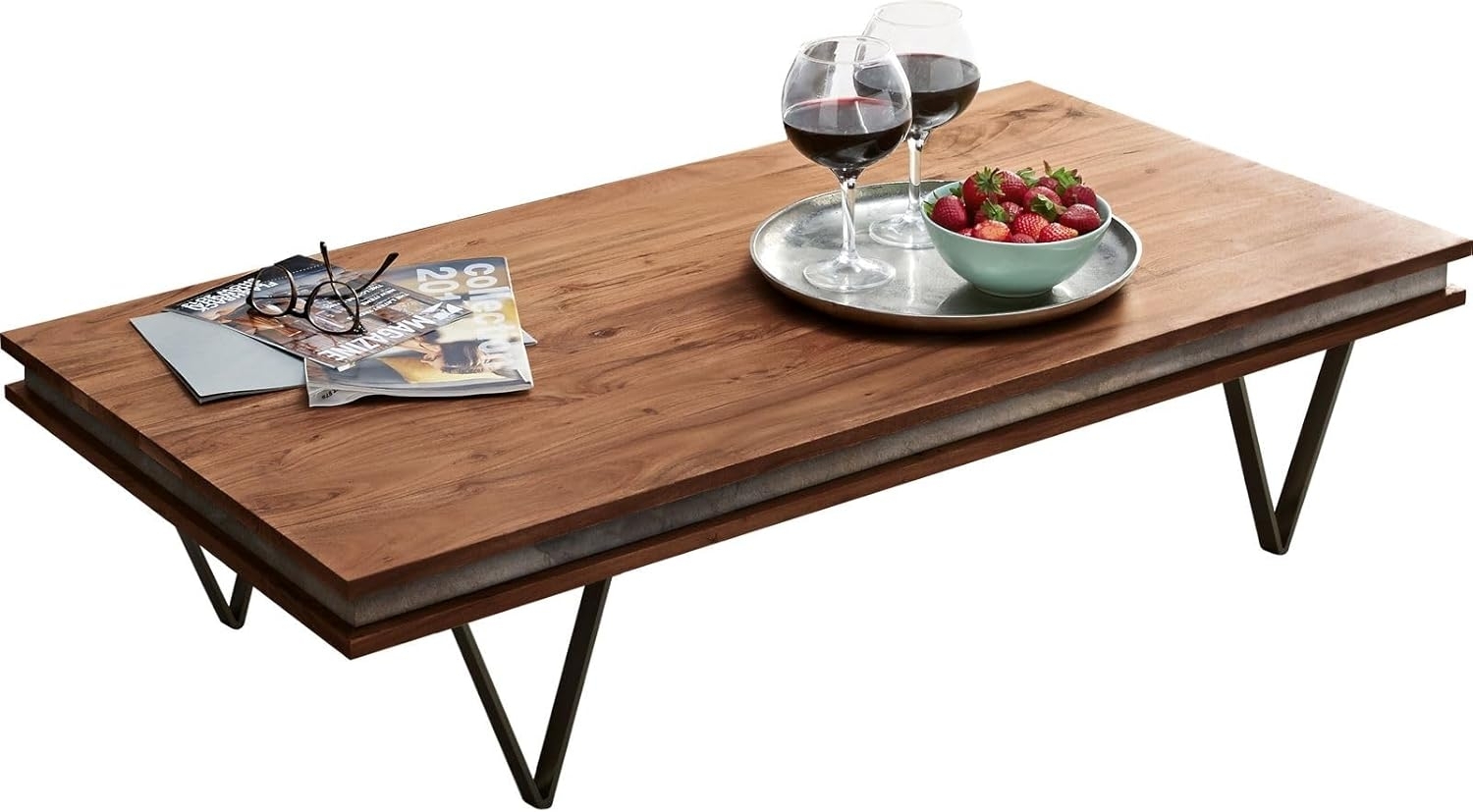 Couchtisch Stonegrace 117x60 cm Akazie Braun Schiefer V-Fuß Schwarz Bild 1