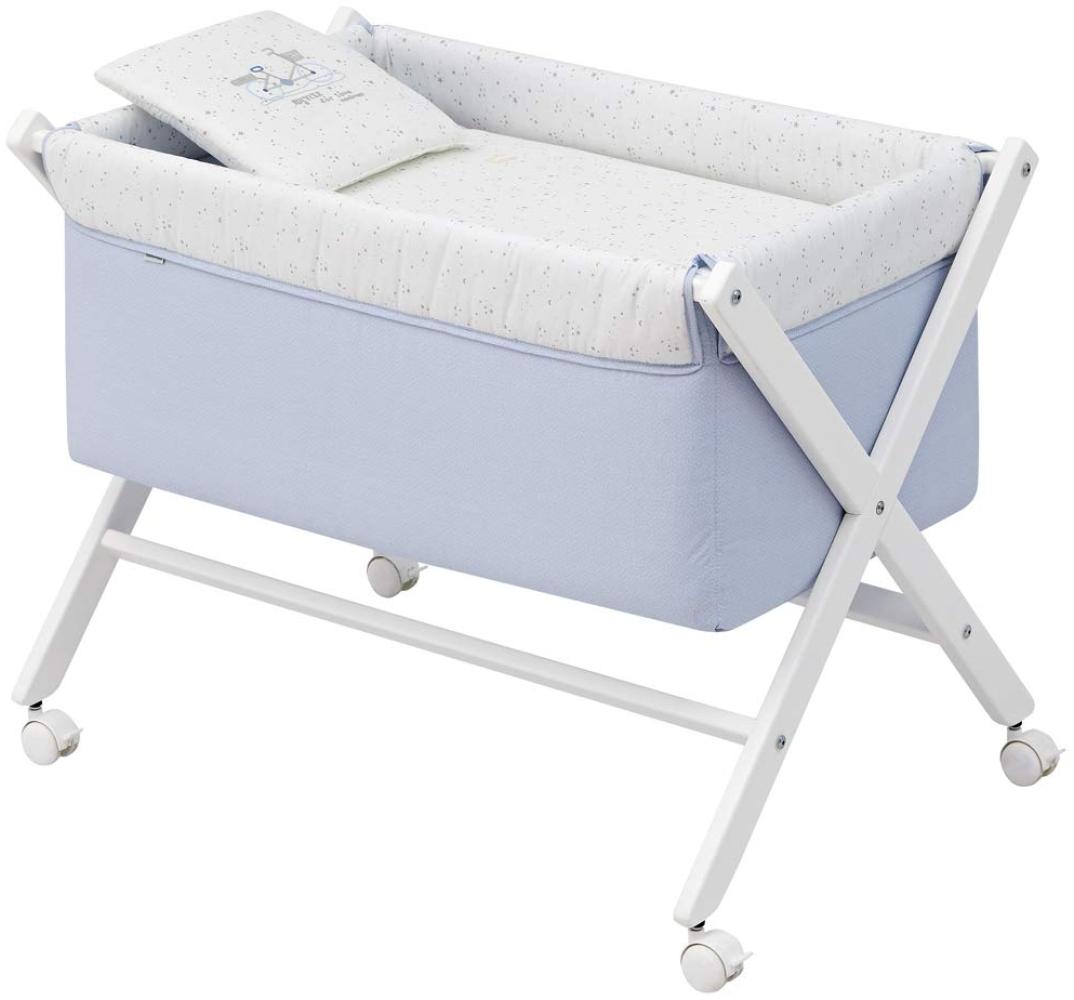 Cambrass Mini-Kinderbett mit gekreuzten Beinen und Rollen mit Bremsen - Kinderwagen für die ersten Monate des Babys - leicht zu tragen - Mini-Kinderbett Schere Holz 55 x 87 x 74 cm himmelblau/weiß Bild 1