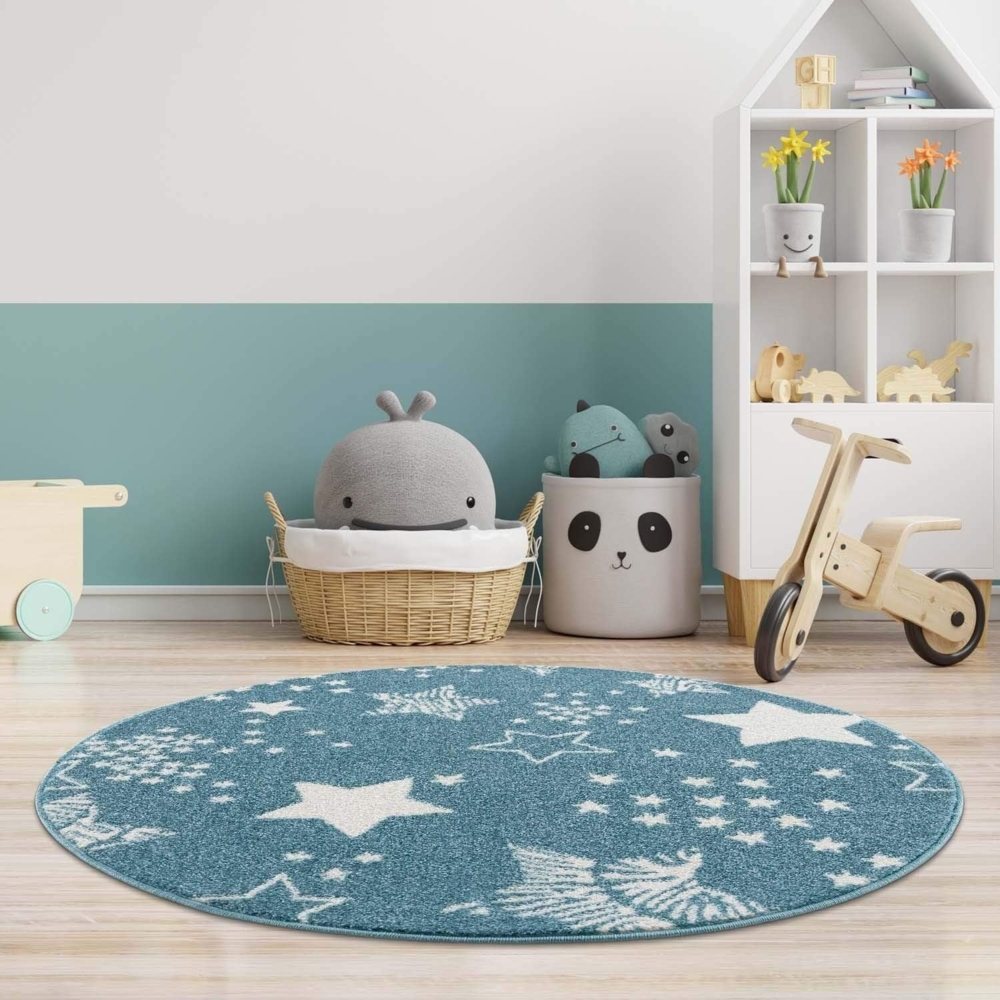 carpet city Kinderteppich - Sterne Sternen-Himmel 120 cm Rund Blau - Kinderzimmer Teppich Modern Bild 1