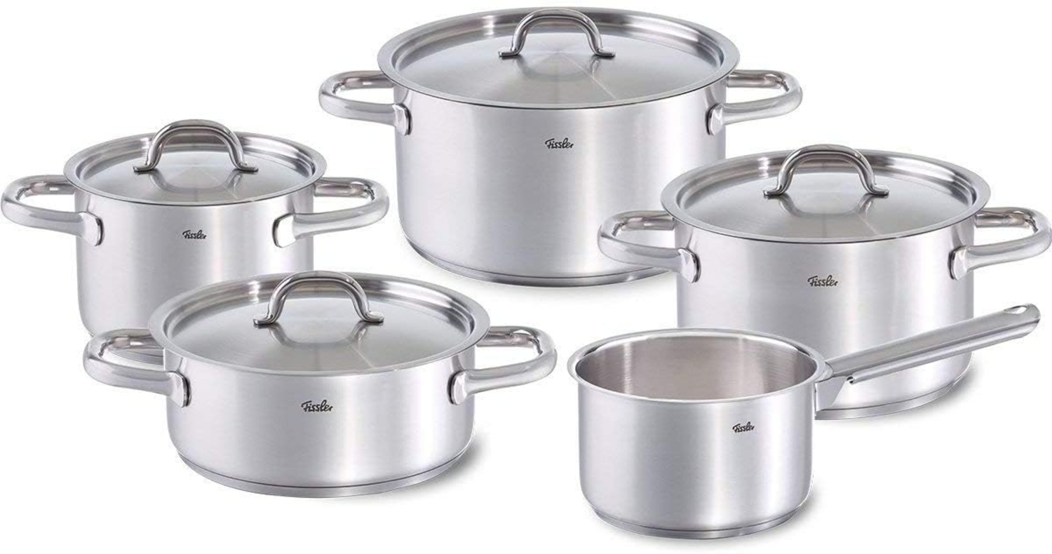 Fissler Topf-Set Family Line, Edelstahl 18/10 (Set, 9-tlg, 1 Bratentopf 20 cm, je 1 Kochtopf 16/20/24 cm, 1 Stielkasserolle 16cm), extra breiter Schüttrand Bild 1