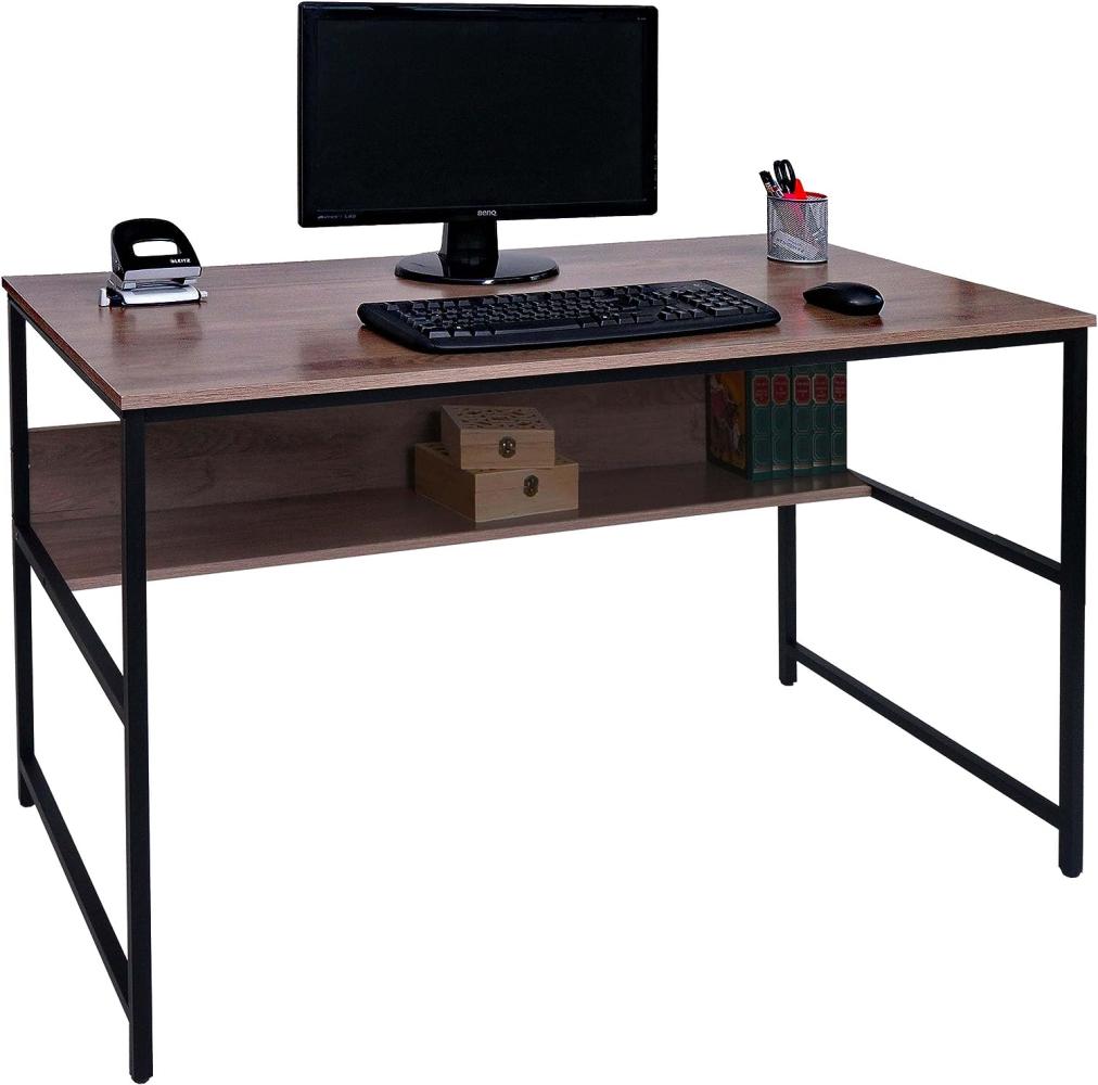 Schreibtisch HWC-K80, Bürotisch Computertisch Arbeitstisch Ablage, Metall MDF 120x60cm ~ grau-braun Bild 1