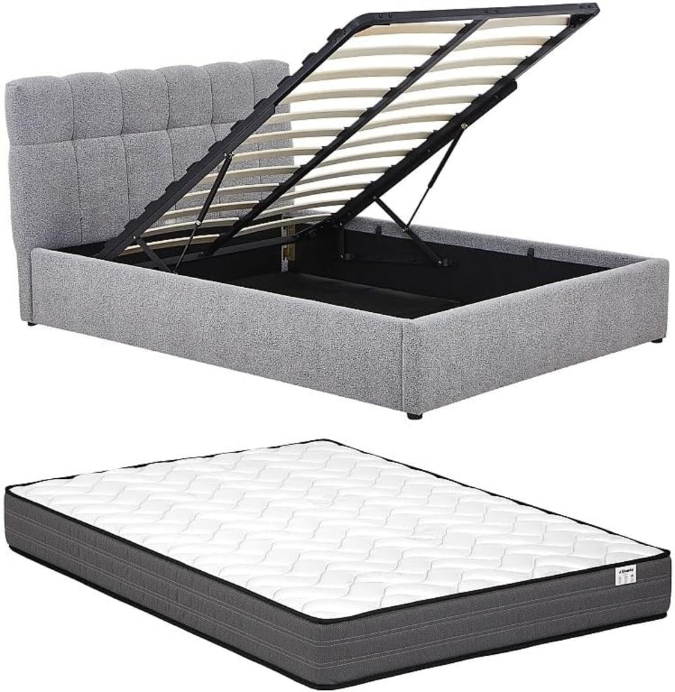 Vente-unique - Bett mit Bettkasten + Matratze - 160x200 cm - Bouclé-Stoff - Grau - MAZIRI Bild 1