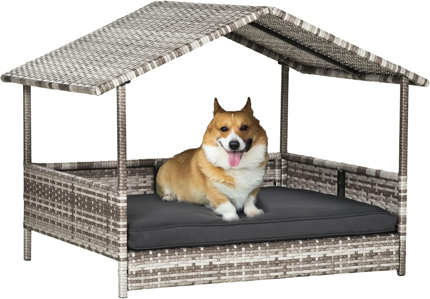 PawHut Hundehütte Rattan Hundehaus mit Kissen, Hundebett im Hausform, für kleine, mittlere Hunde, Grau Bild 1