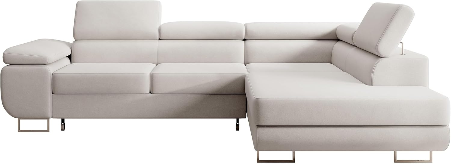 Selsey STEVIL - Ecksofa L-Sofa mit Schlaffunktion, Bettkasten, Ottomane rechts, Veloursbezug Creme Bild 1