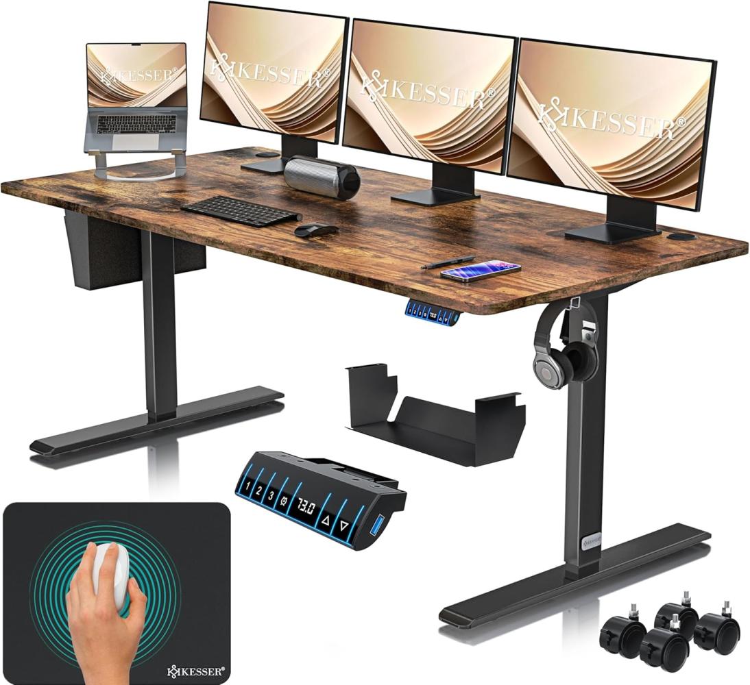 KESSER® Höhenverstellbarer Schreibtisch elektrisch | Ergonomisch Steh-Sitz Schreibtisch | 3-Funktions-Memory Steuerung | Inkl. 360° Rollen & USB-Ladeanschluss | Computertisch für Homeoffice Braun, 180x80 cm Bild 1