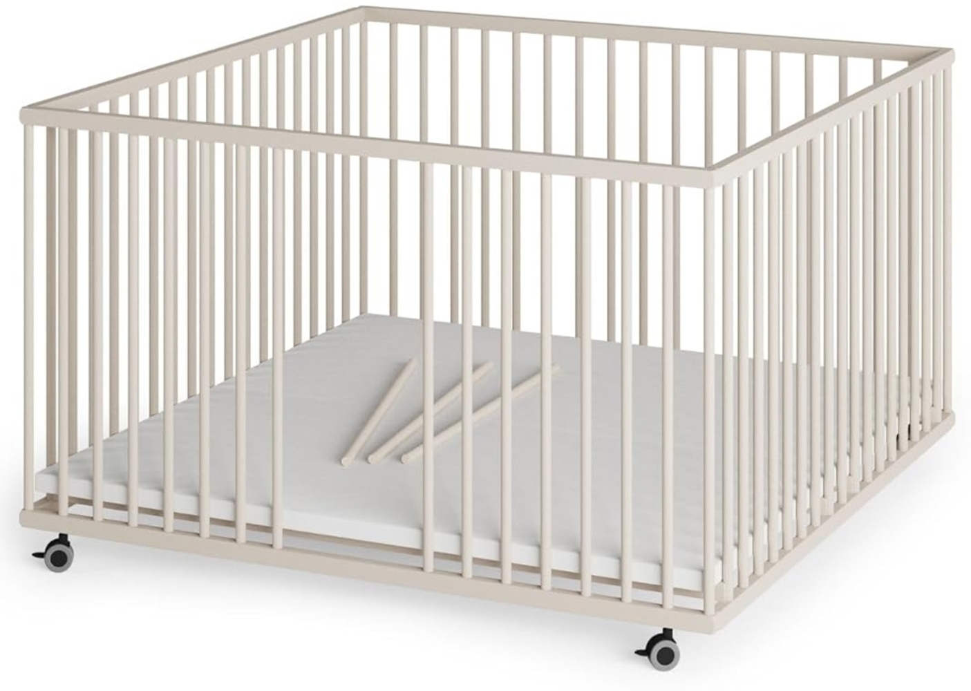 Sämann Laufstall Baby mit 3 Schlupfsprossen | TÜV geprüft | stufenlos höhenverstellbar | Laufgitter Premium | Babybett aus Holz | Krabbelgitter (sahara dust, 120x120 cm) Bild 1