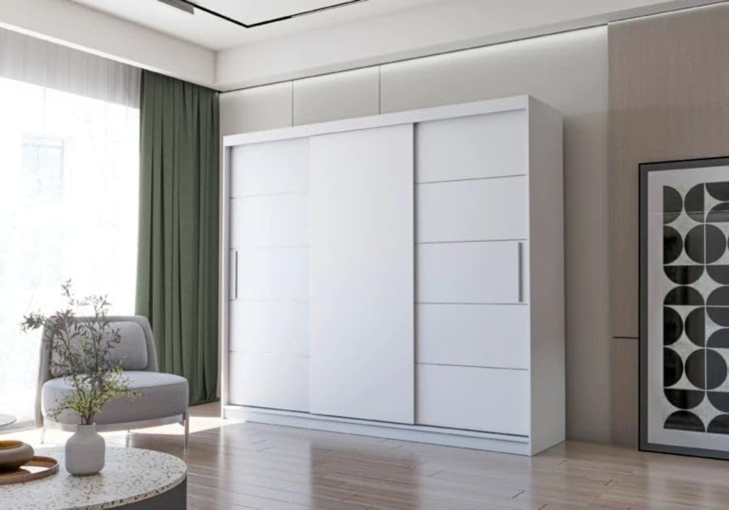 Fabryka Mebli Idźczak Schwebetürenschrank Alba 250, Schiebetürenschrank, Kleiderschrank mit Kleiderstange und Einlegeboden, Schlafzimmerschrank, Schiebetüren, Modern Design (Weiß/Weiß) Bild 1