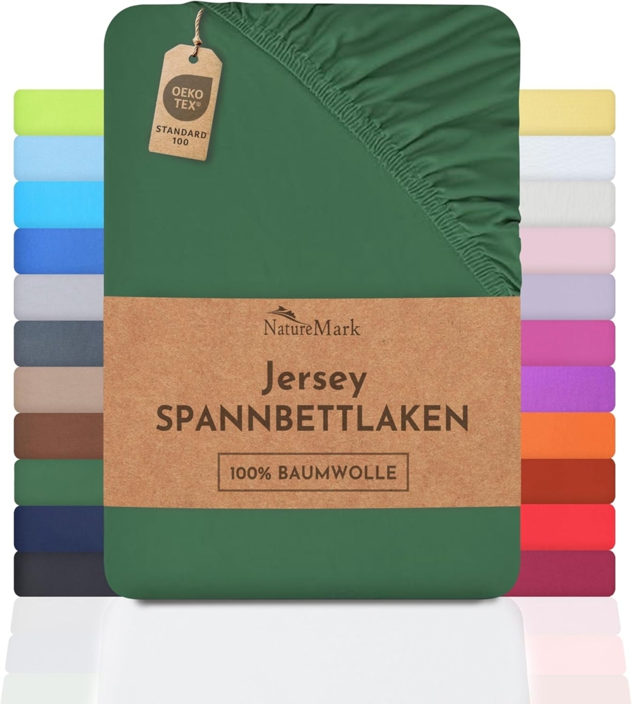 NatureMark Jersey Spannbettlaken, Spannbetttuch 100% Baumwolle in vielen Größen und Farben MARKENQUALITÄT ÖKOTEX Standard 100 | 200x220 cm +40 Steg - dunkel grün Bild 1