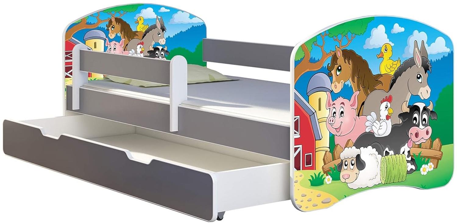 ACMA Kinderbett Jugendbett mit Einer Schublade und Matratze Grau mit Rausfallschutz Lattenrost II (34 Farm, 160x80 + Bettkasten) Bild 1