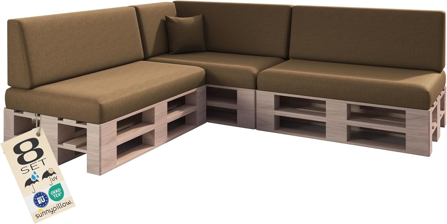 sunnypillow Palettenkissen mit abnehmbarem Bezug UV - beständig Outdoor wasserdicht Kaltschaum Palettenauflage Palettenpolster Palettensofa Sitzkissen Rückenlehne 8er Set 120x80 Braun Bild 1